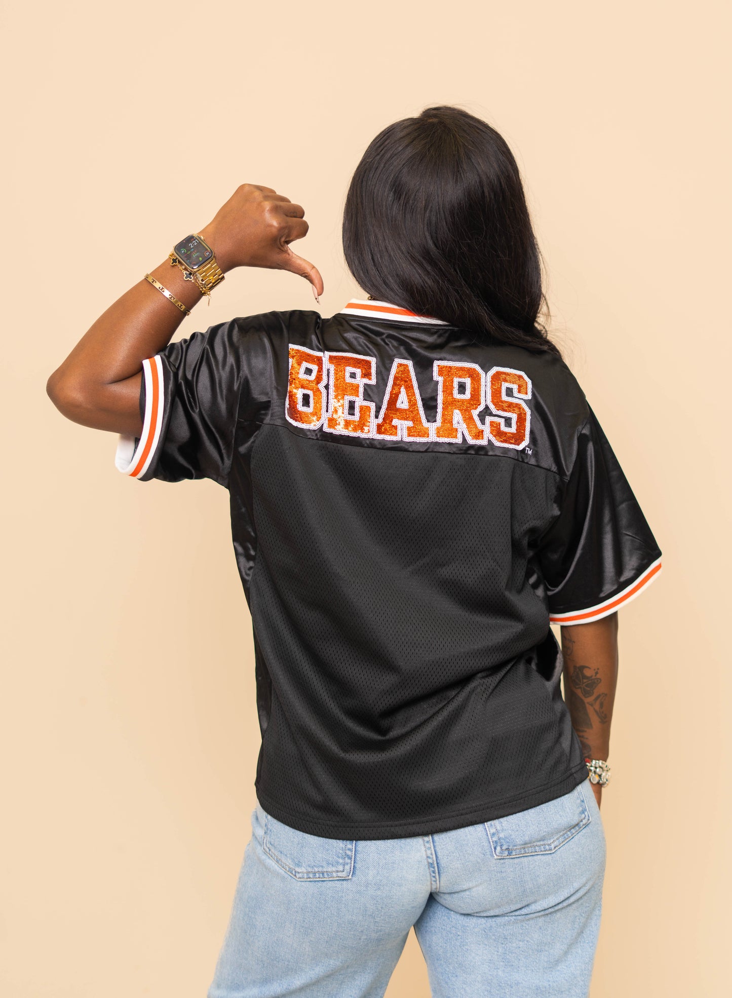 **PRE-ORDER ONLY**  Mercer Bears (Licensed) | Women's Sequin Design Football Jersey (Black)