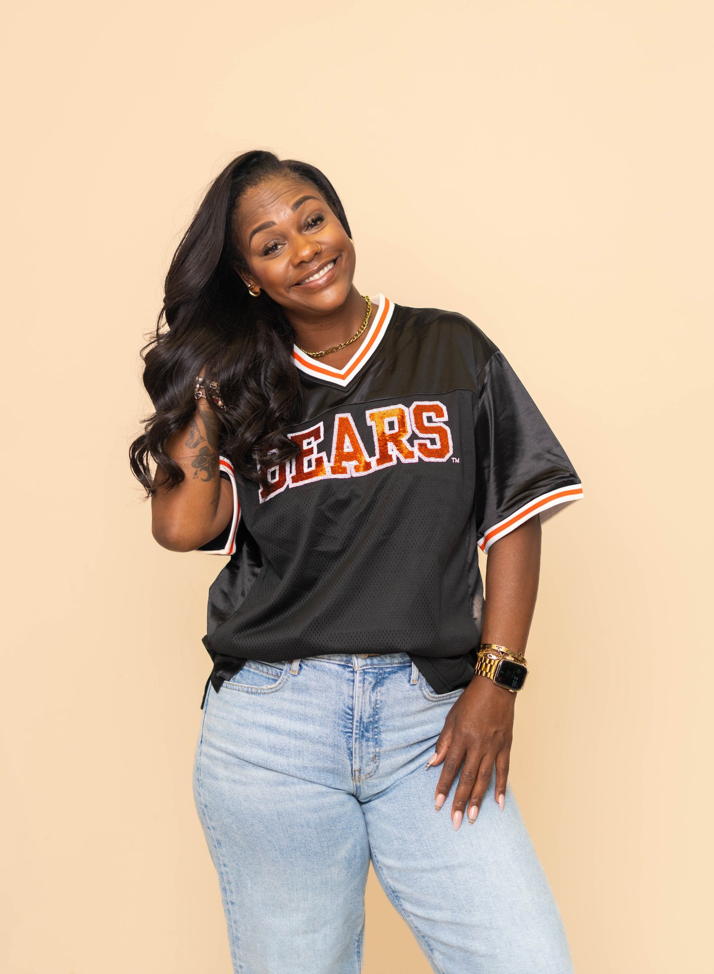 **PRE-ORDER ONLY**  Mercer Bears (Licensed) | Women's Sequin Design Football Jersey (Black)