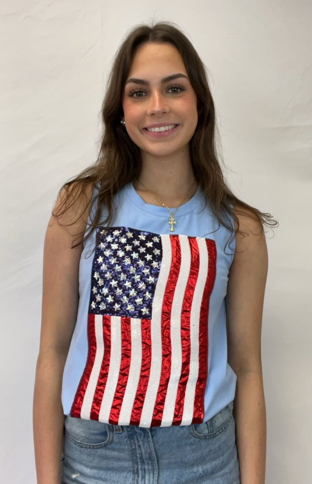 USA American Flag Tank | Women's Sequin + Metallic Embroidery Tee (Blue)
