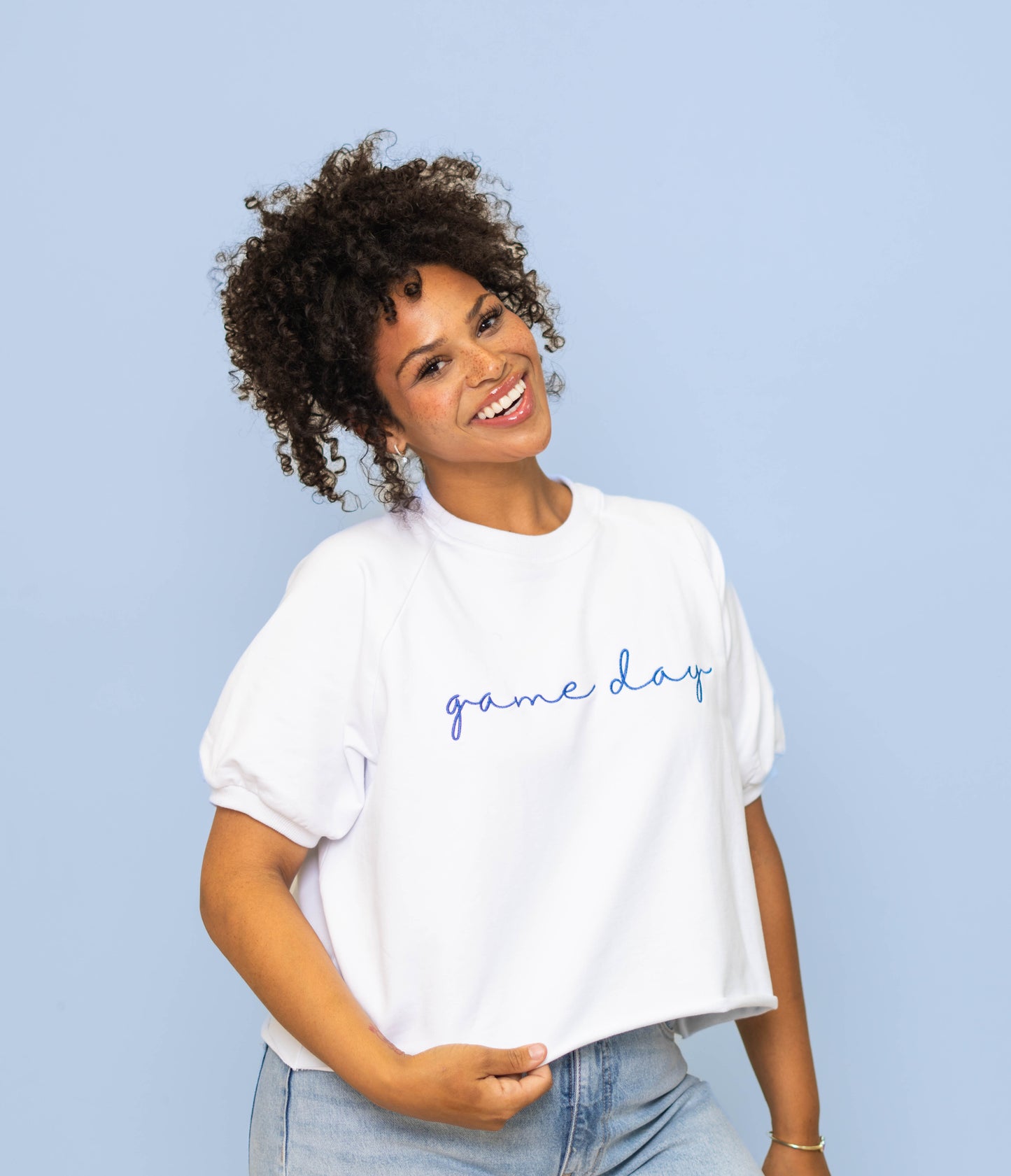 **PRE-ORDER ONLY** Wholesale | Game Day Blue | Women's Embroidered Design Top (White)