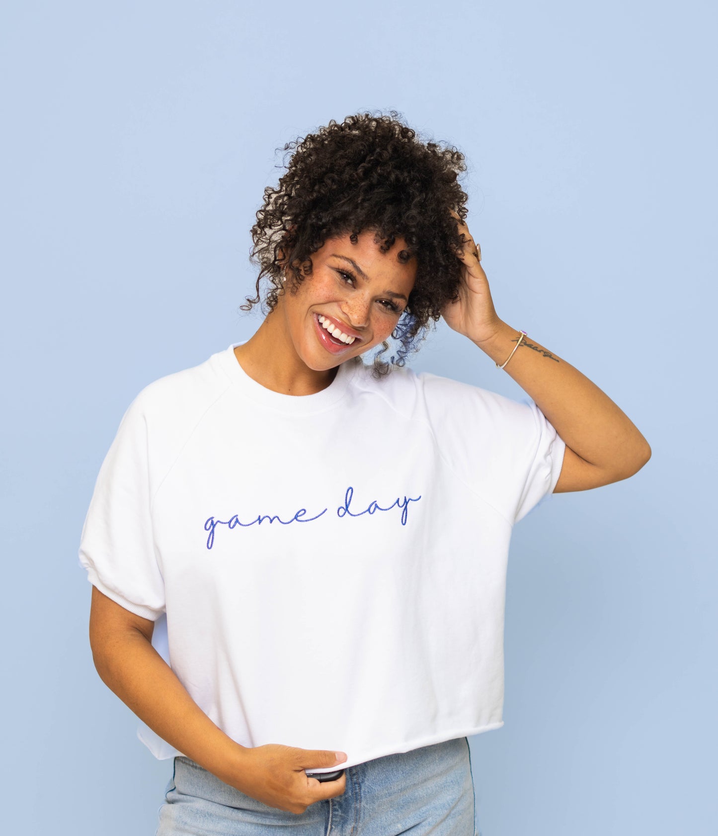 **PRE-ORDER ONLY** Wholesale | Game Day Blue | Women's Embroidered Design Top (White)