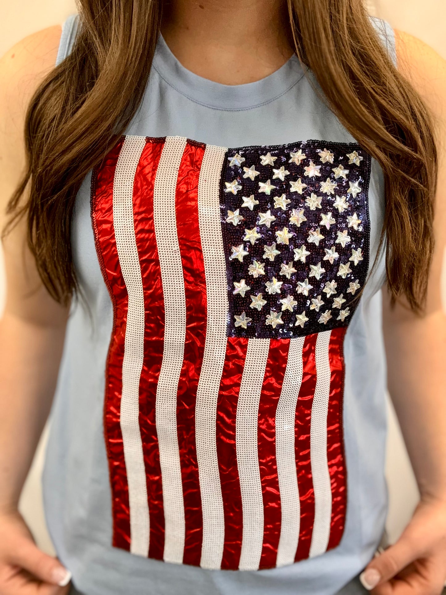 USA American Flag Tank | Women's Sequin + Metallic Embroidery Tee (Blue)