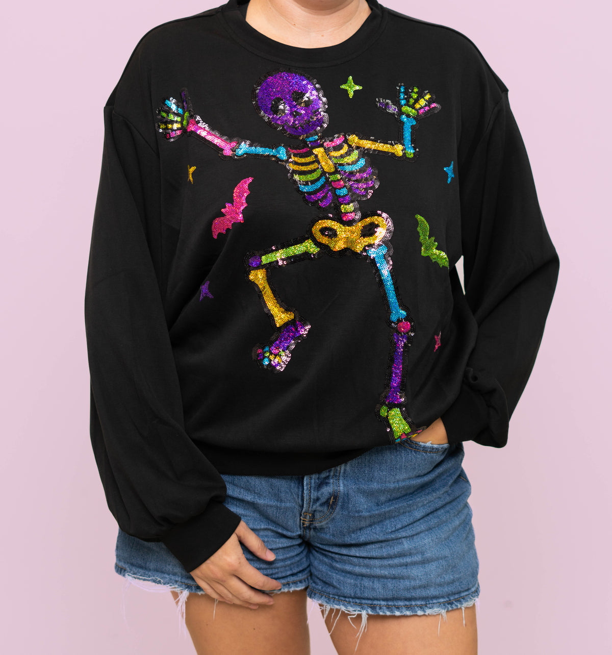 Boogie Bones | Women's Sequin Design Buttery Soft Pullover (Black)