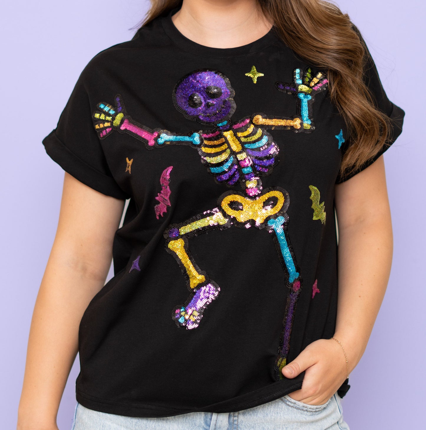 **PRE-ORDER ONLY** Wholesale | Boogie Bones | Women's Sequin Design Cuff Sleeve Tee (Black)