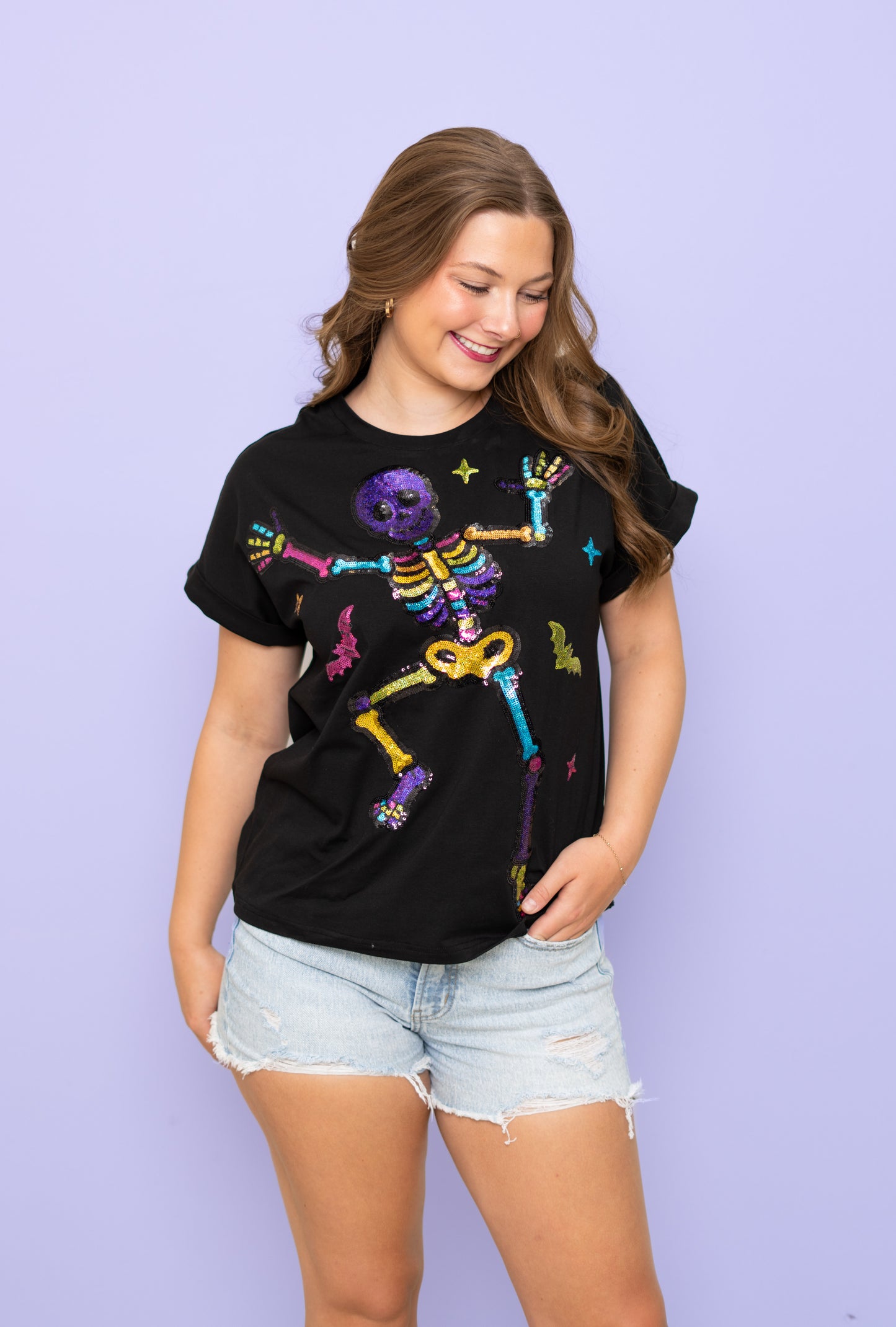 **PRE-ORDER ONLY** Wholesale | Boogie Bones | Women's Sequin Design Cuff Sleeve Tee (Black)
