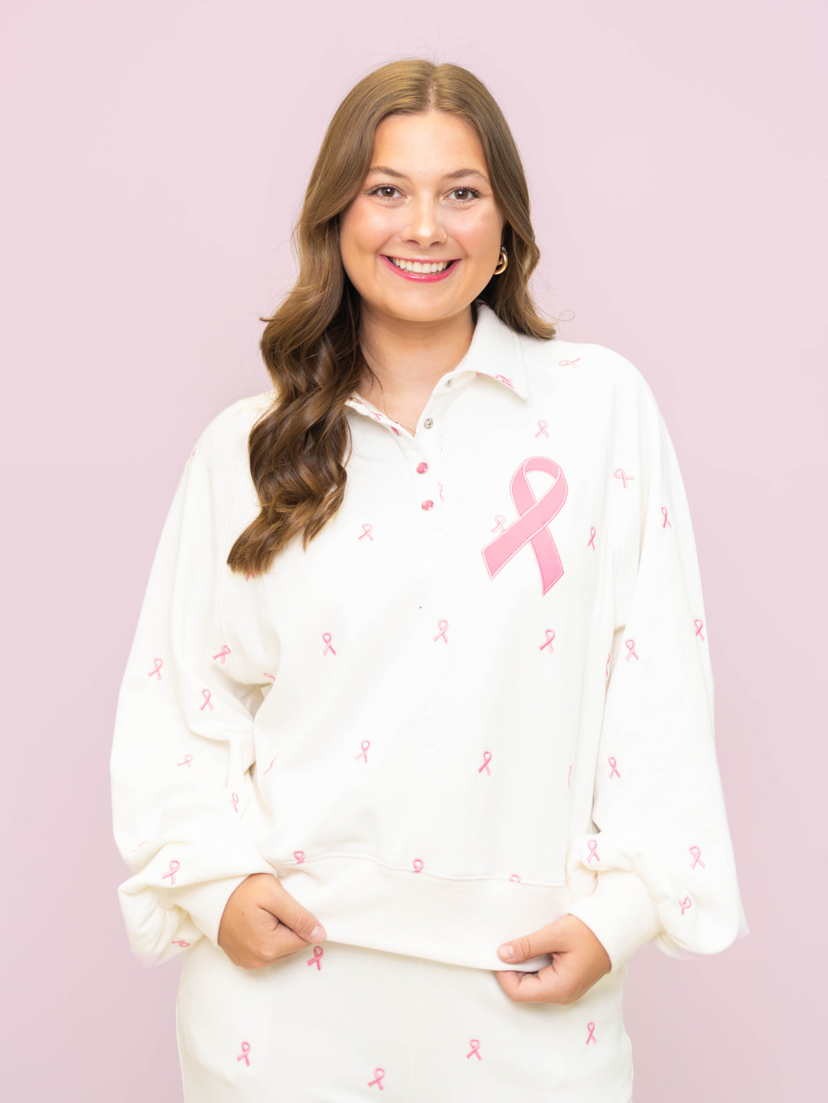 Breast Cancer Awareness Ribbons | Women's All Over Embroidery Pullover (Off-White)