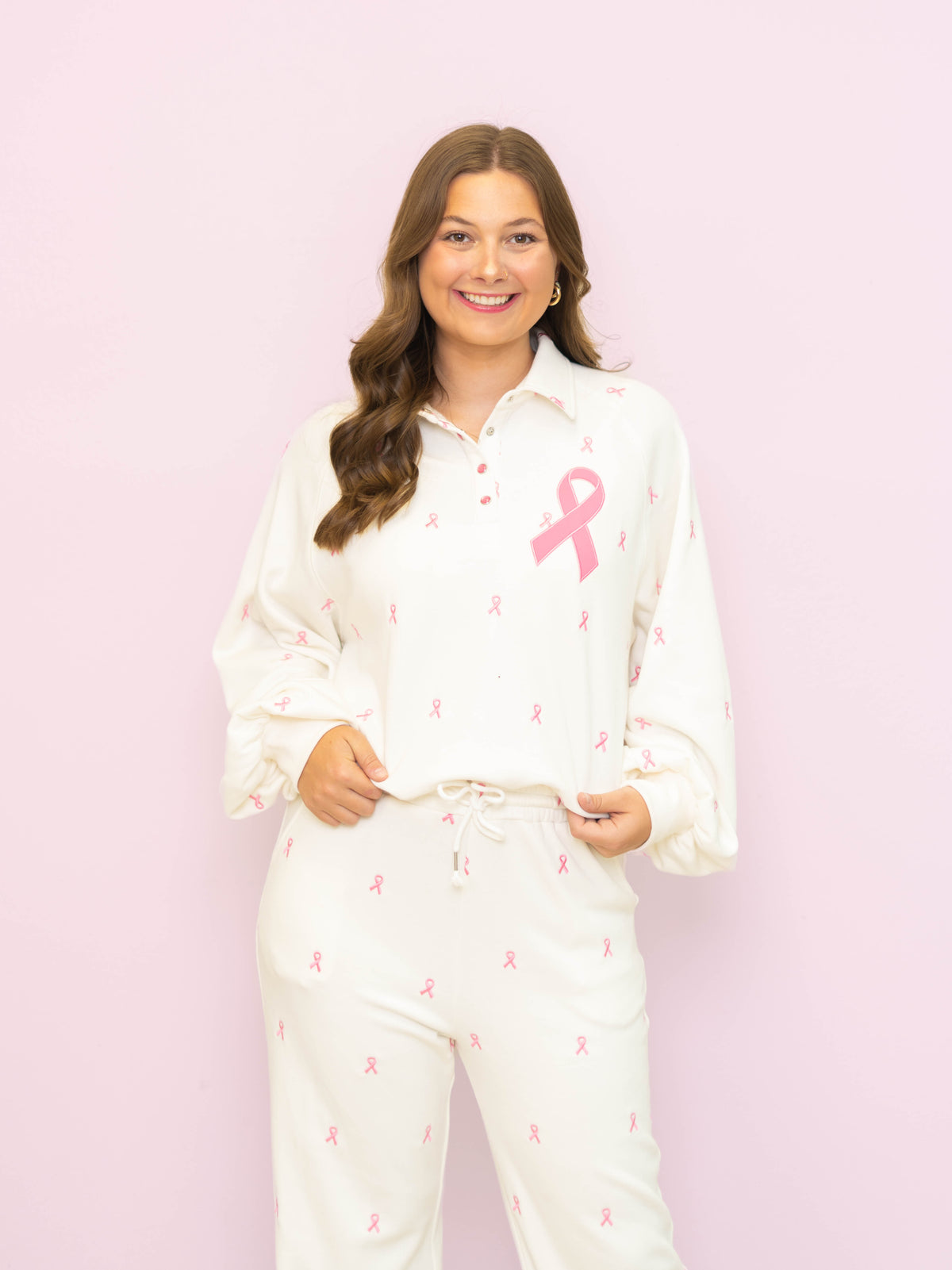Breast Cancer Awareness Ribbons | Women's All Over Embroidery Pullover (Off-White)
