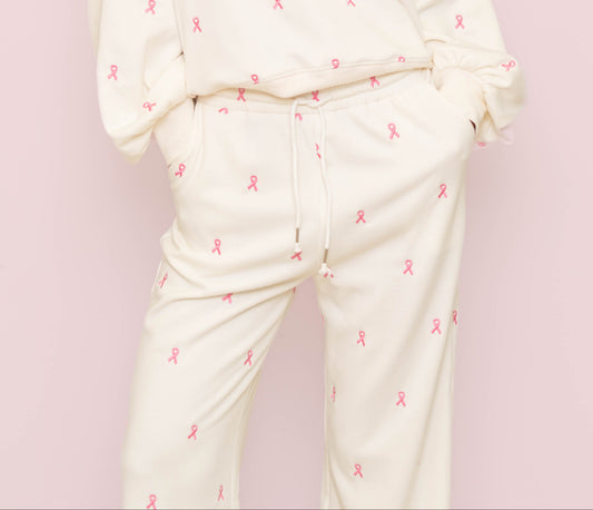 Breast Cancer Awareness Ribbons | Women's All Over Embroidery Wide Leg Joggers (Off-White)