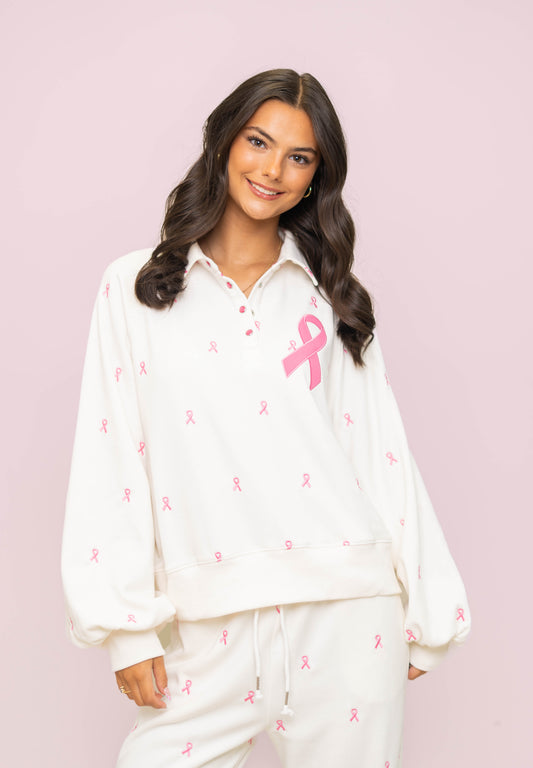 Breast Cancer Awareness Ribbons | Women's All Over Embroidery Pullover (Off-White)