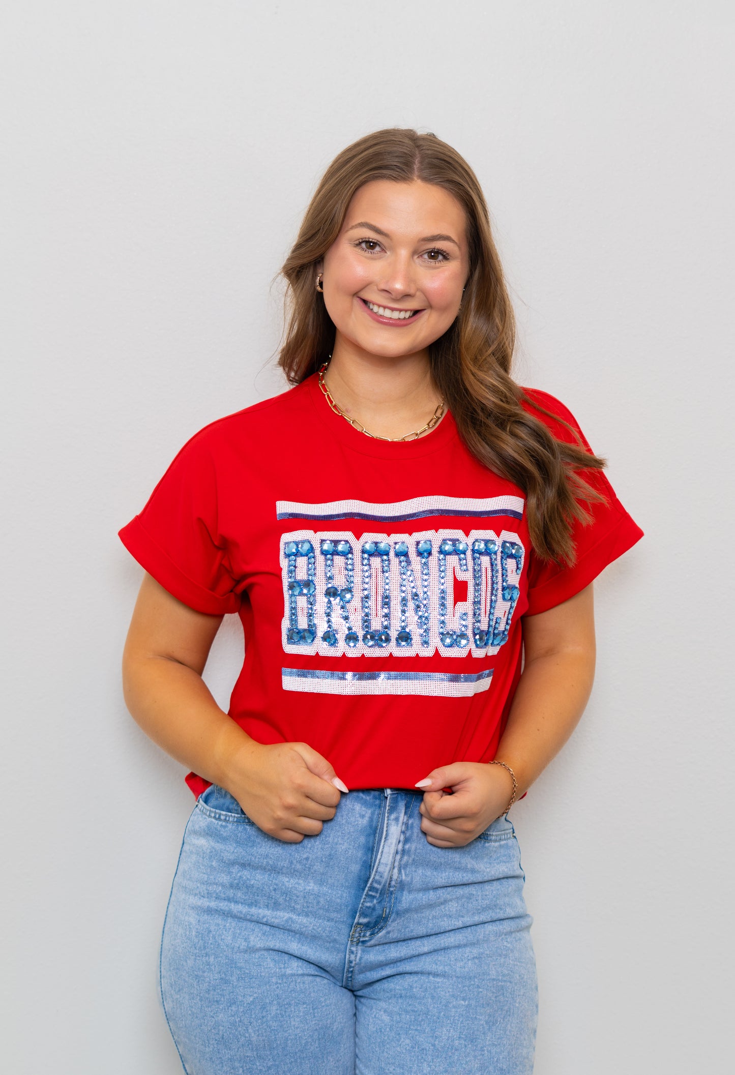 **PRE-ORDER ONLY** Jeweled Broncos | Women's Sequin + Jewel Design Cuff Sleeve Tee (Red)