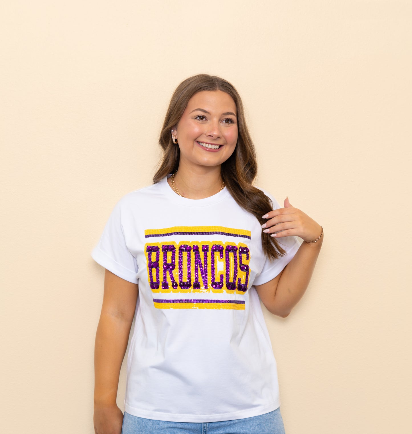 **PRE-ORDER ONLY** Jeweled Broncos | Women's Sequin + Jewel Design Cuff Sleeve Tee (White)