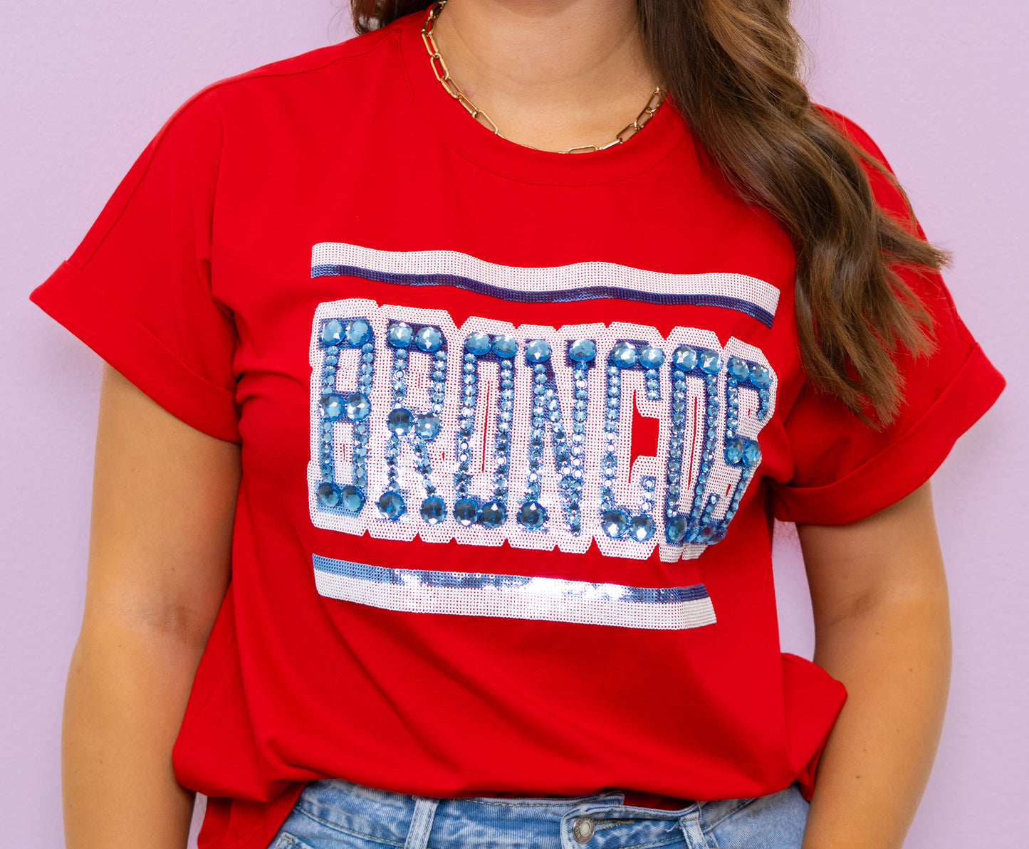 **PRE-ORDER ONLY** Jeweled Broncos | Women's Sequin + Jewel Design Cuff Sleeve Tee (Red)