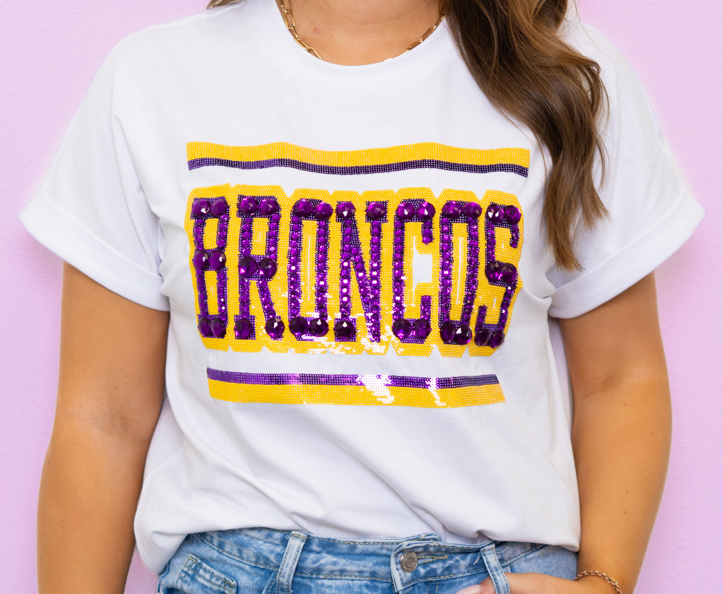 **PRE-ORDER ONLY** Jeweled Broncos | Women's Sequin + Jewel Design Cuff Sleeve Tee (White)