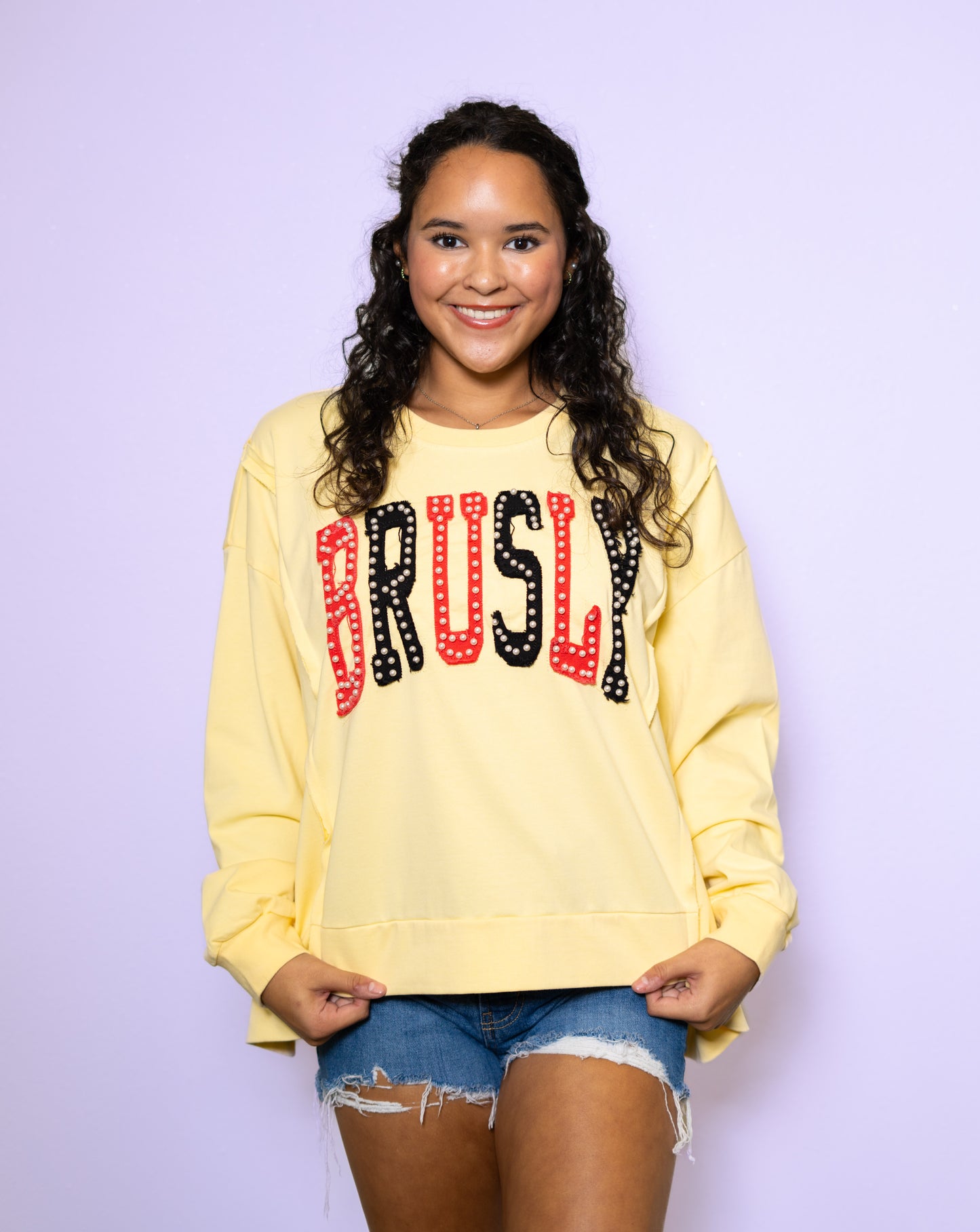 **PRE-ORDER** Brusly | Women's Distressed Embroidery Pullover (Yellow)