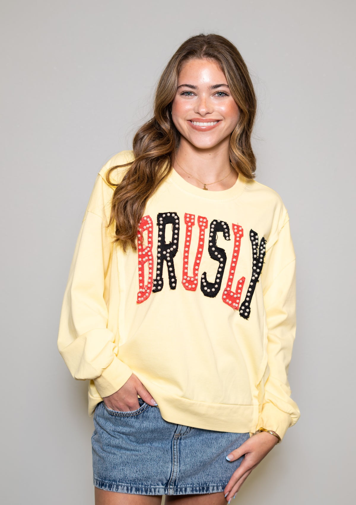 Distressed Embroid Brusly | Women's Distressed Embroidery Pullover (Yellow) – Bomb Designs