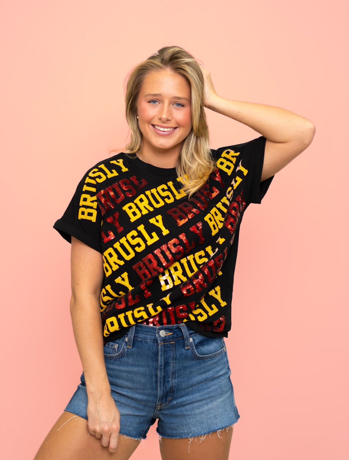 Brusly Varsity Block | Women's Cuff Sleeve Tee (Black)