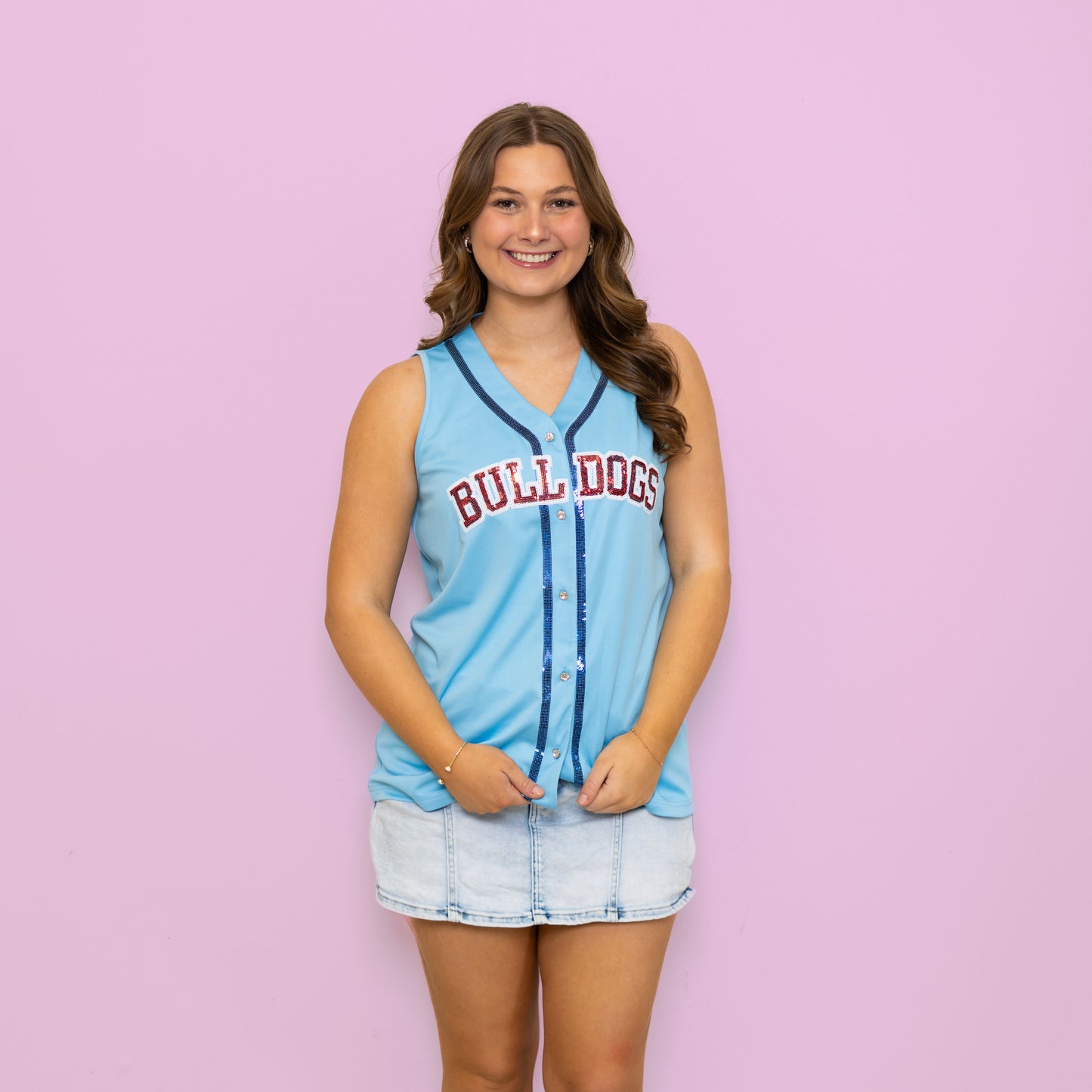 LA Tech Bulldogs (Licensed) | Women's Sequin Embroidery Baseball Jersey Tank (Blue)