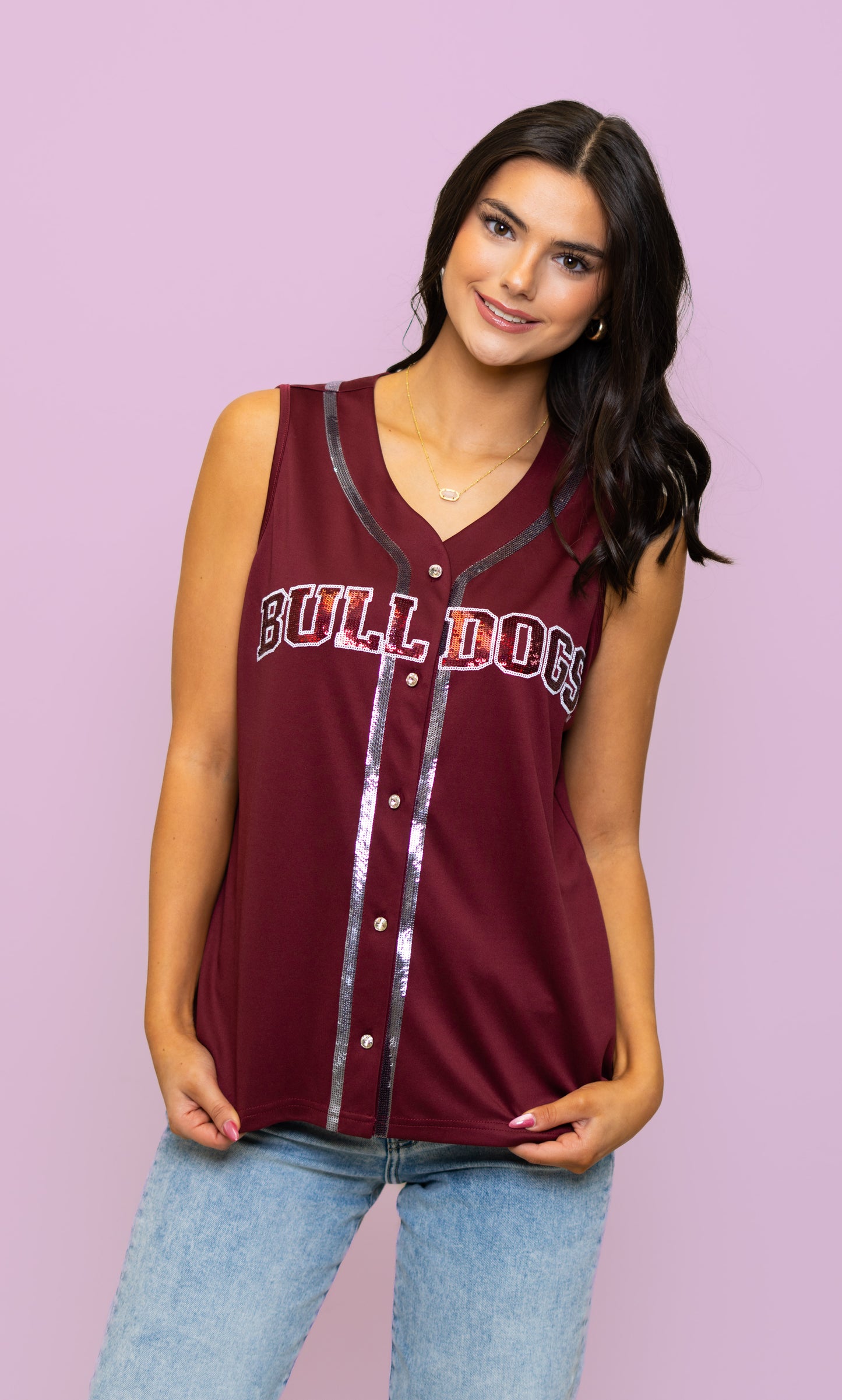 Mississippi State Bulldogs (Licensed) | Women's Sequin Embroidery Baseball Jersey Tank (Maroon)