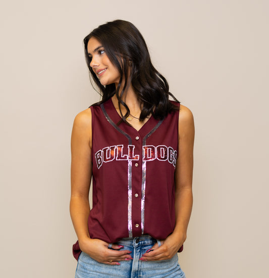 **PRE-ORDER ONLY** Mississippi State Bulldogs (Licensed) | Women's Sequin Embroidery Baseball Jersey Tank (Maroon)