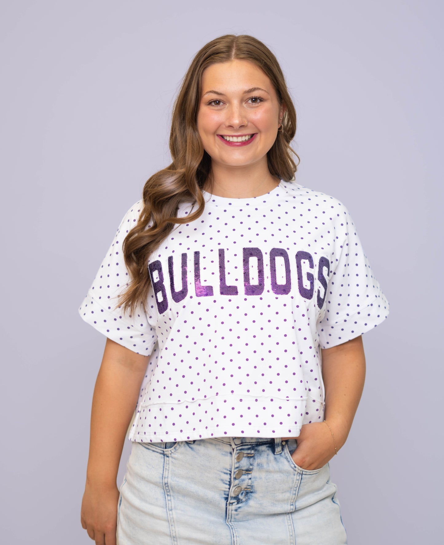 **PRE-ORDER ONLY** Bulldogs | Polka Dot Exposed Seam Crop Shirt (Purple Polka Dot)