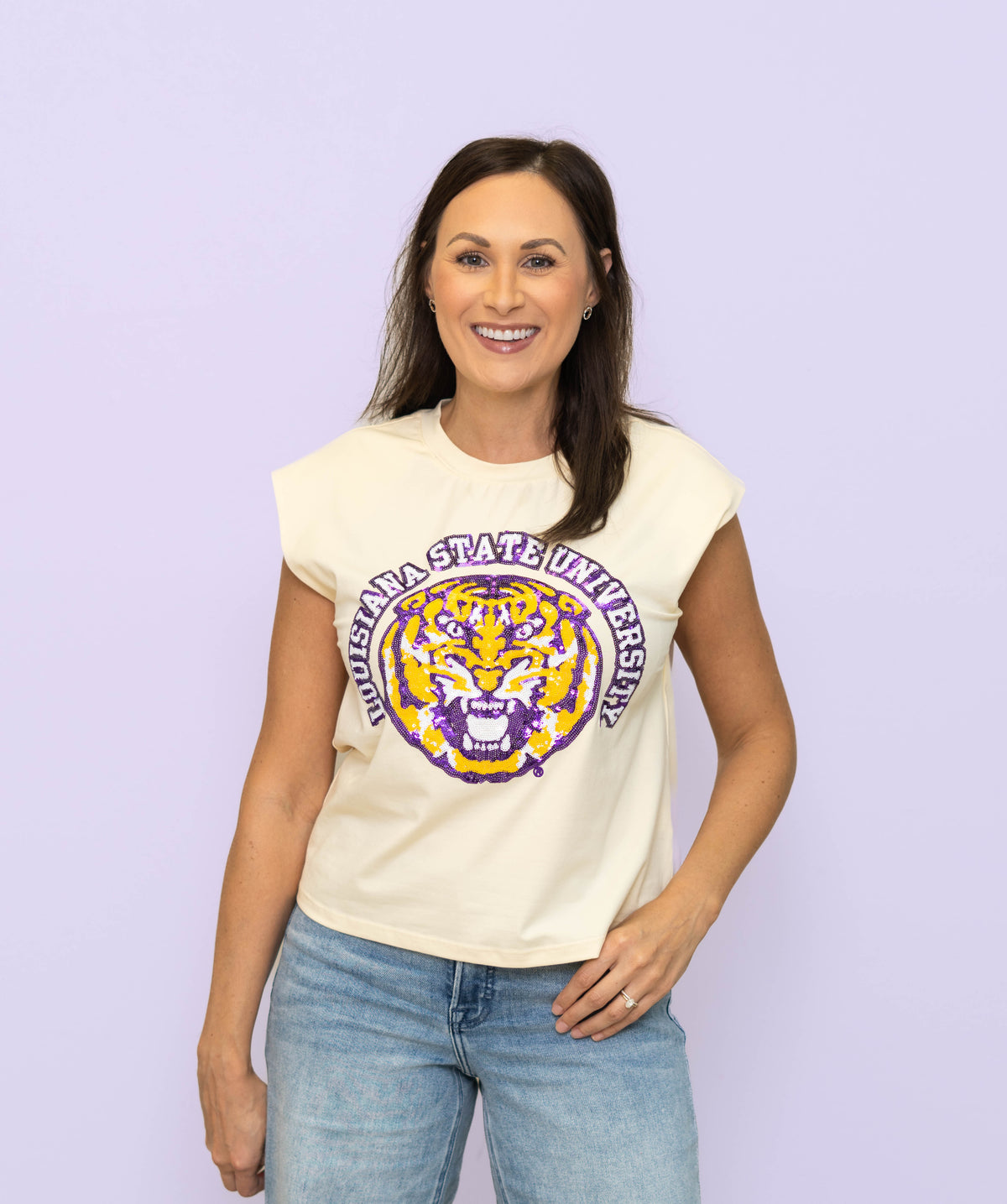 LSU Louisiana State University (LICENSED) | Women's Sequin Design Boxy Tank (Cream)