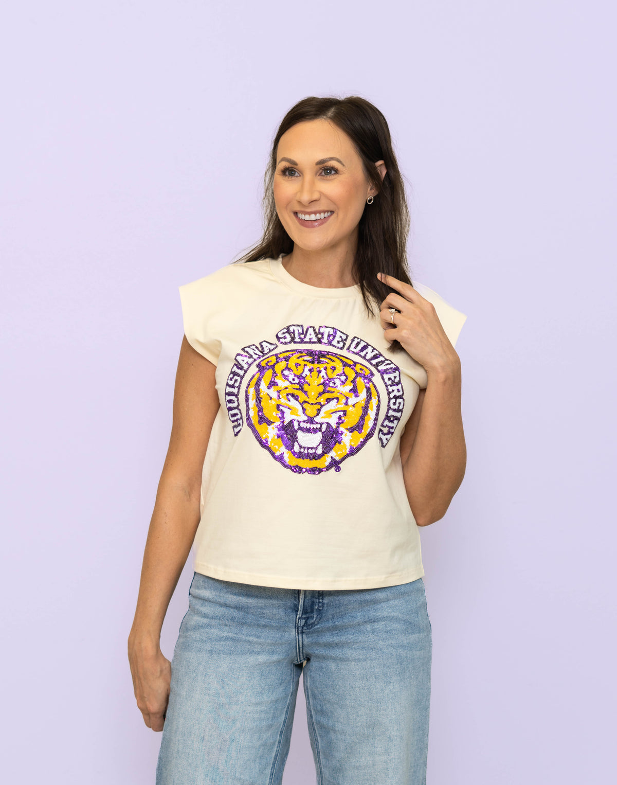 LSU Louisiana State University (LICENSED) | Women's Sequin Design Boxy Tank (Cream)