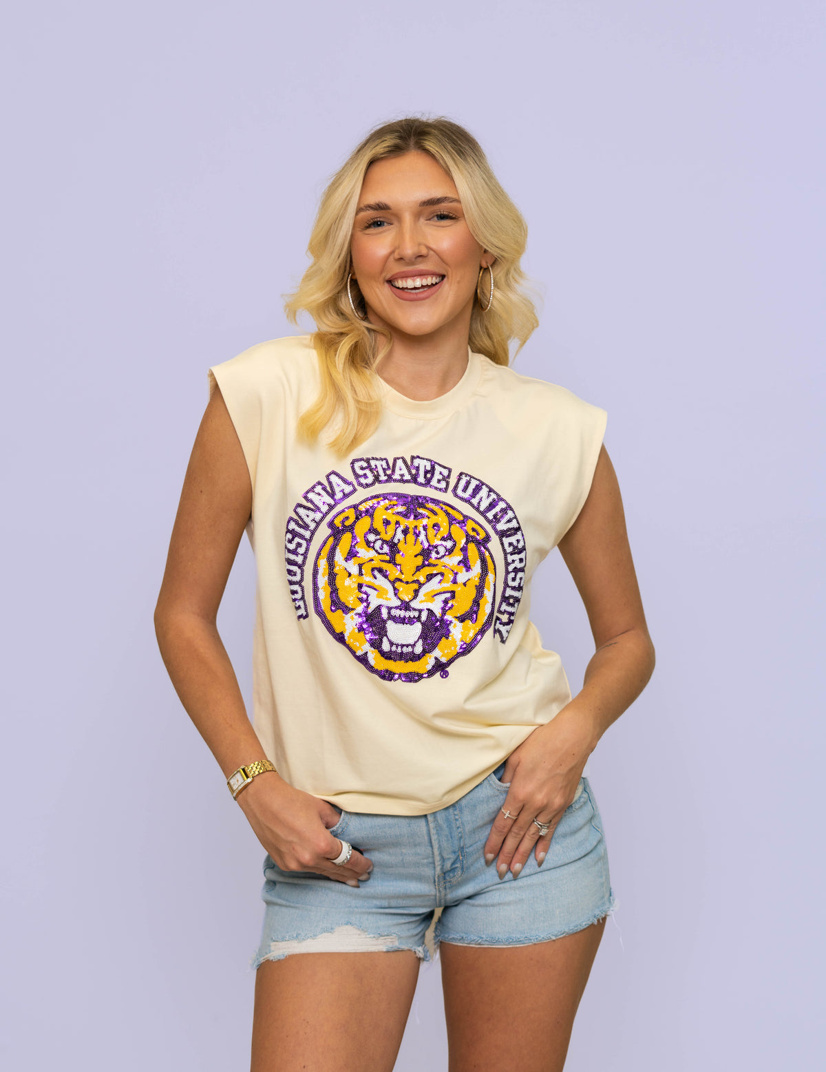 LSU Louisiana State University (LICENSED) | Women's Sequin Design Boxy Tank (Cream)