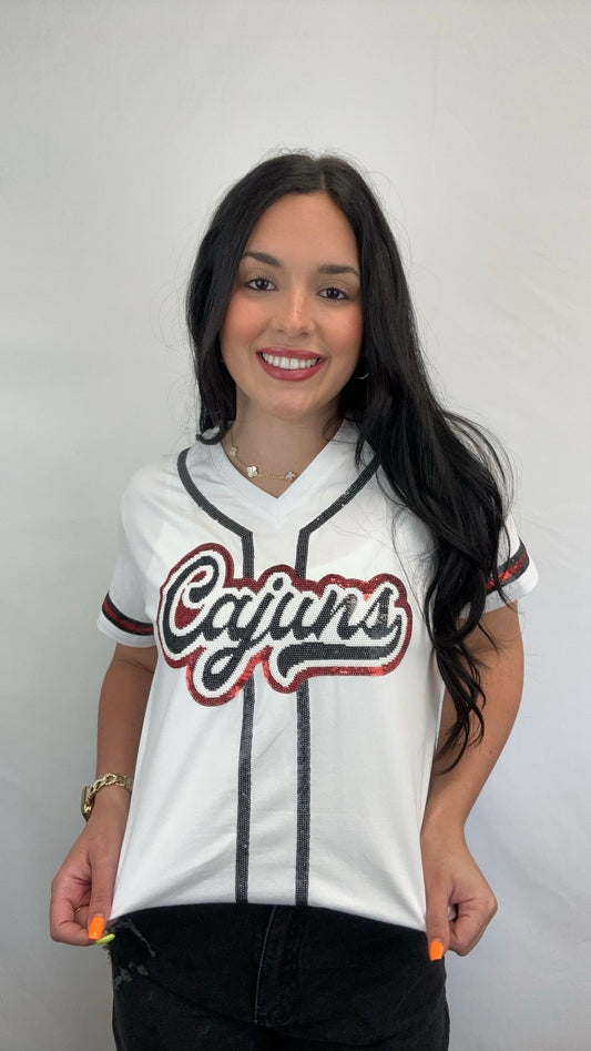 Cajuns | Women's Baseball Jersey V-Neck Tee (White)