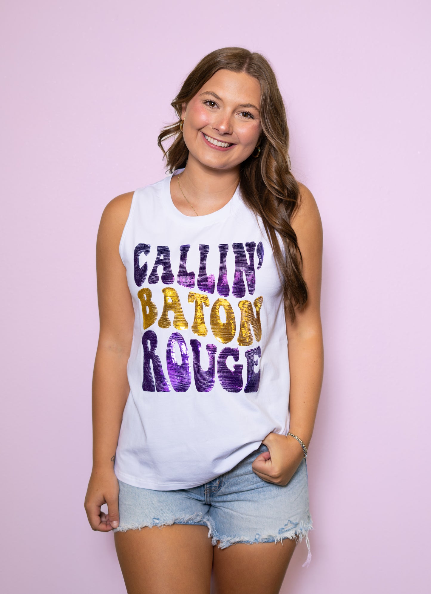 Callin' Baton Rouge | Women's Sequin Design Tank (White)
