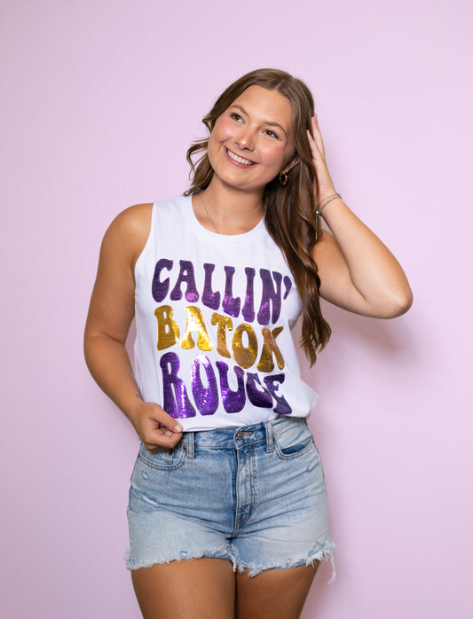 Callin' Baton Rouge | Women's Sequin Design Tank (White)