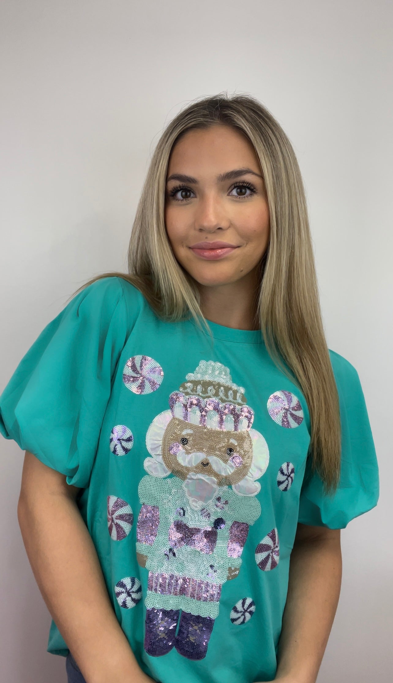 Christmas Nutcracker | Women's Sequin Design Puff Sleeve Tee (Teal)