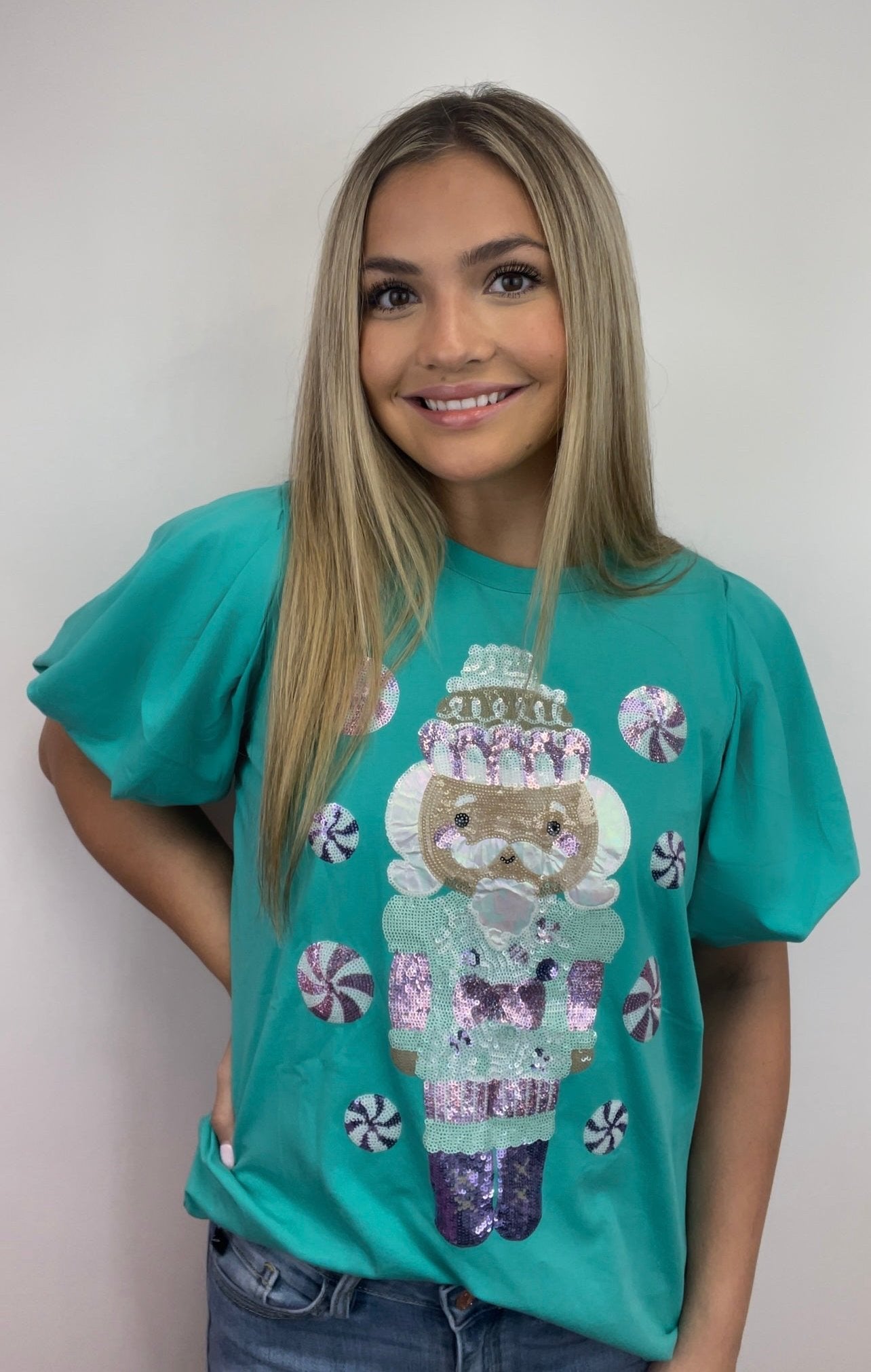 Christmas Nutcracker | Women's Sequin Design Puff Sleeve Tee (Teal)