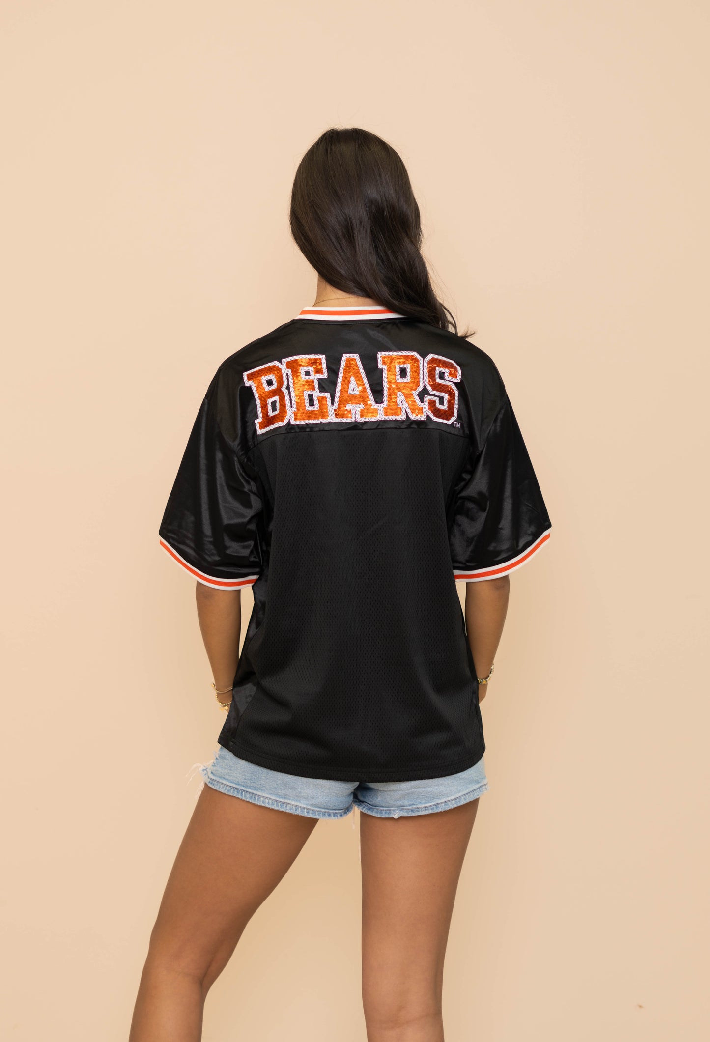 **PRE-ORDER ONLY**  Bears (Licensed) | Women's Sequin Design Football Jersey (Black)