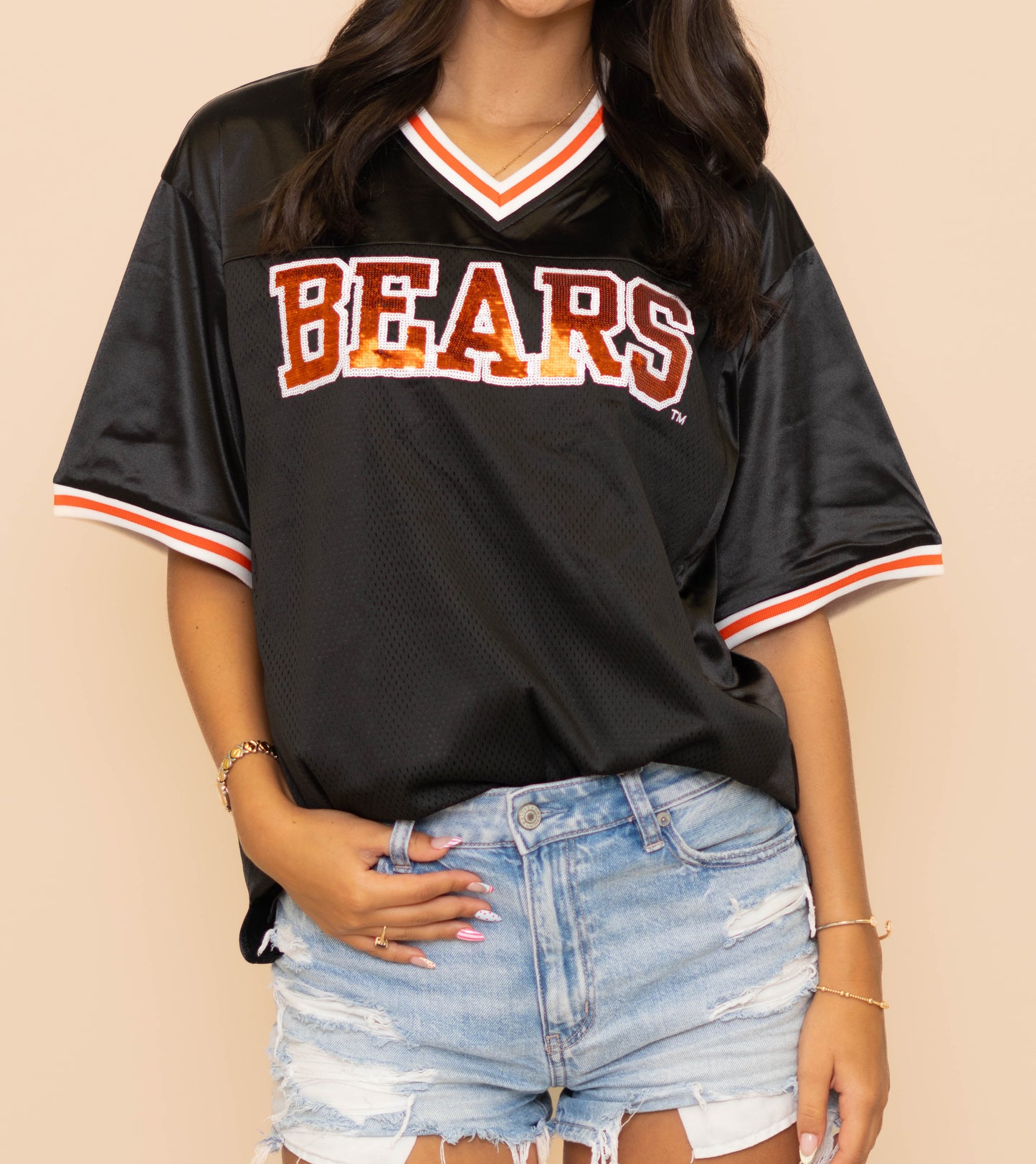 **PRE-ORDER ONLY**  Bears (Licensed) | Women's Sequin Design Football Jersey (Black)