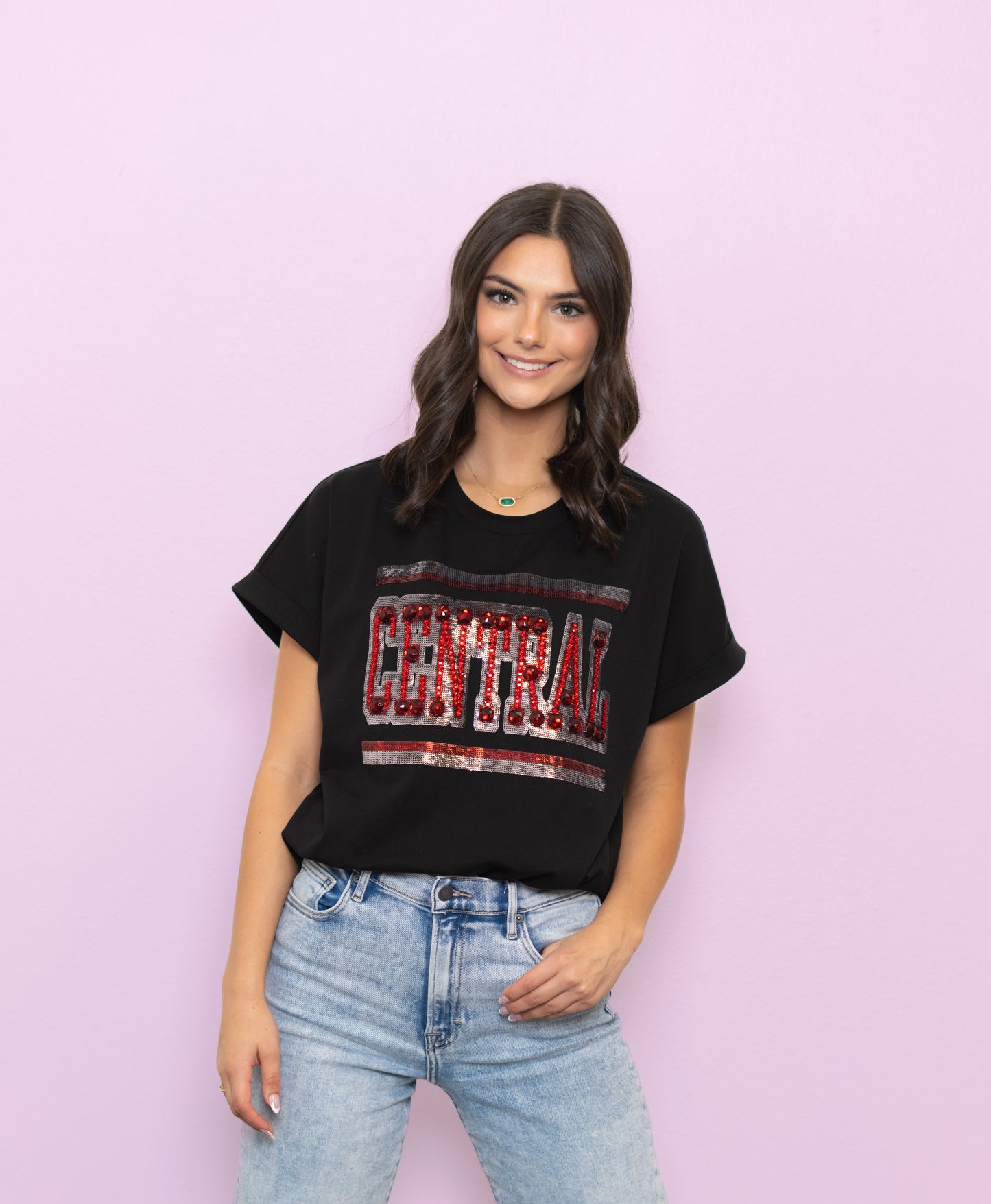 **PRE-ORDER ONLY** Jeweled Central | Women's Sequin + Jewel Design Cuff Sleeve Tee (Black)