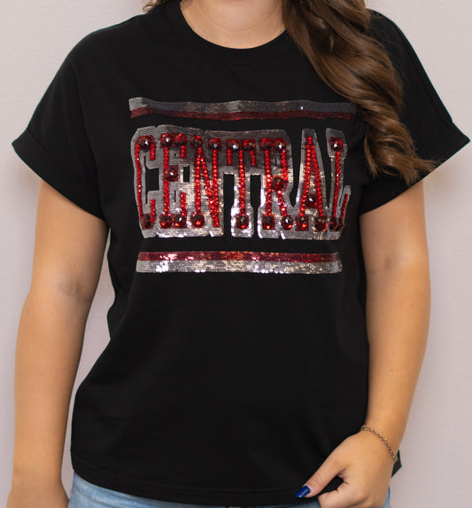 **PRE-ORDER ONLY** Jeweled Central | Women's Sequin + Jewel Design Cuff Sleeve Tee (Black)