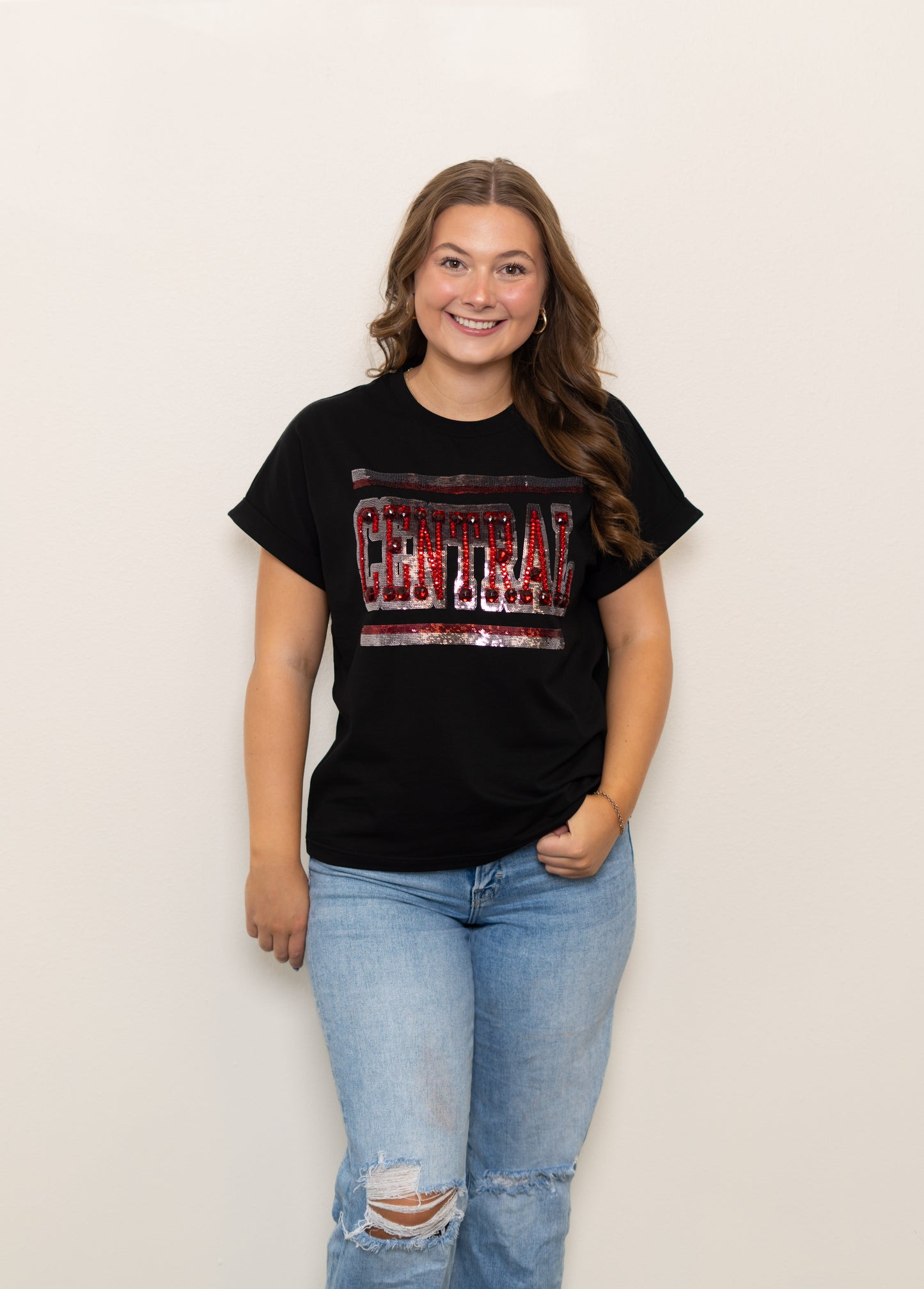 **PRE-ORDER ONLY** Jeweled Central | Women's Sequin + Jewel Design Cuff Sleeve Tee (Black)