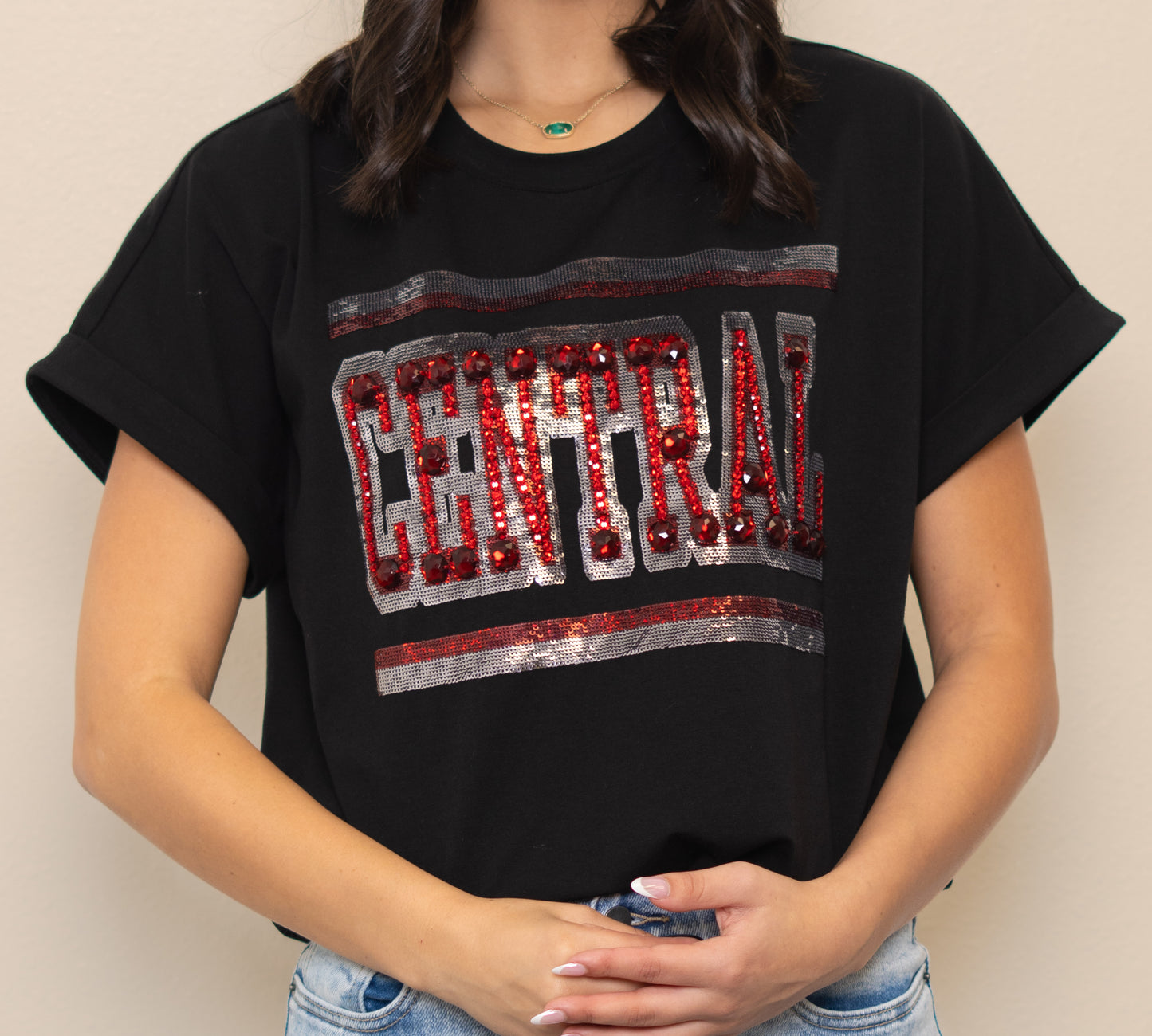 **PRE-ORDER ONLY** Jeweled Central | Women's Sequin + Jewel Design Cuff Sleeve Tee (Black)