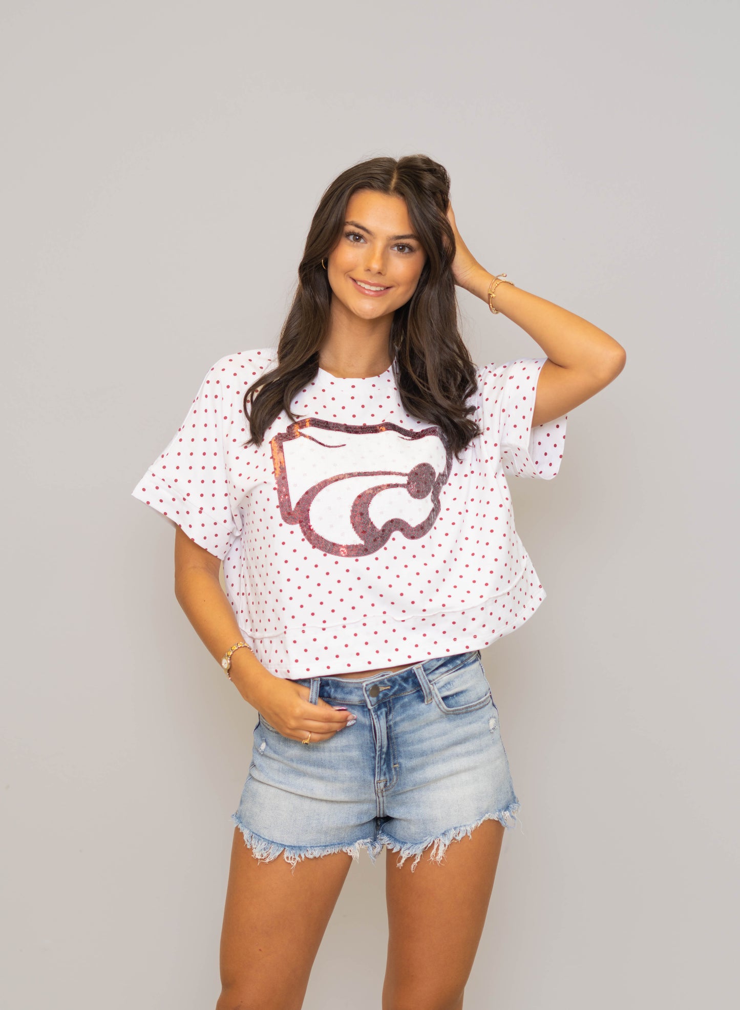 **PRE-ORDER ONLY** Central Wildcats | Polka Dot Exposed Seam Crop Shirt (Maroon Polka Dot)