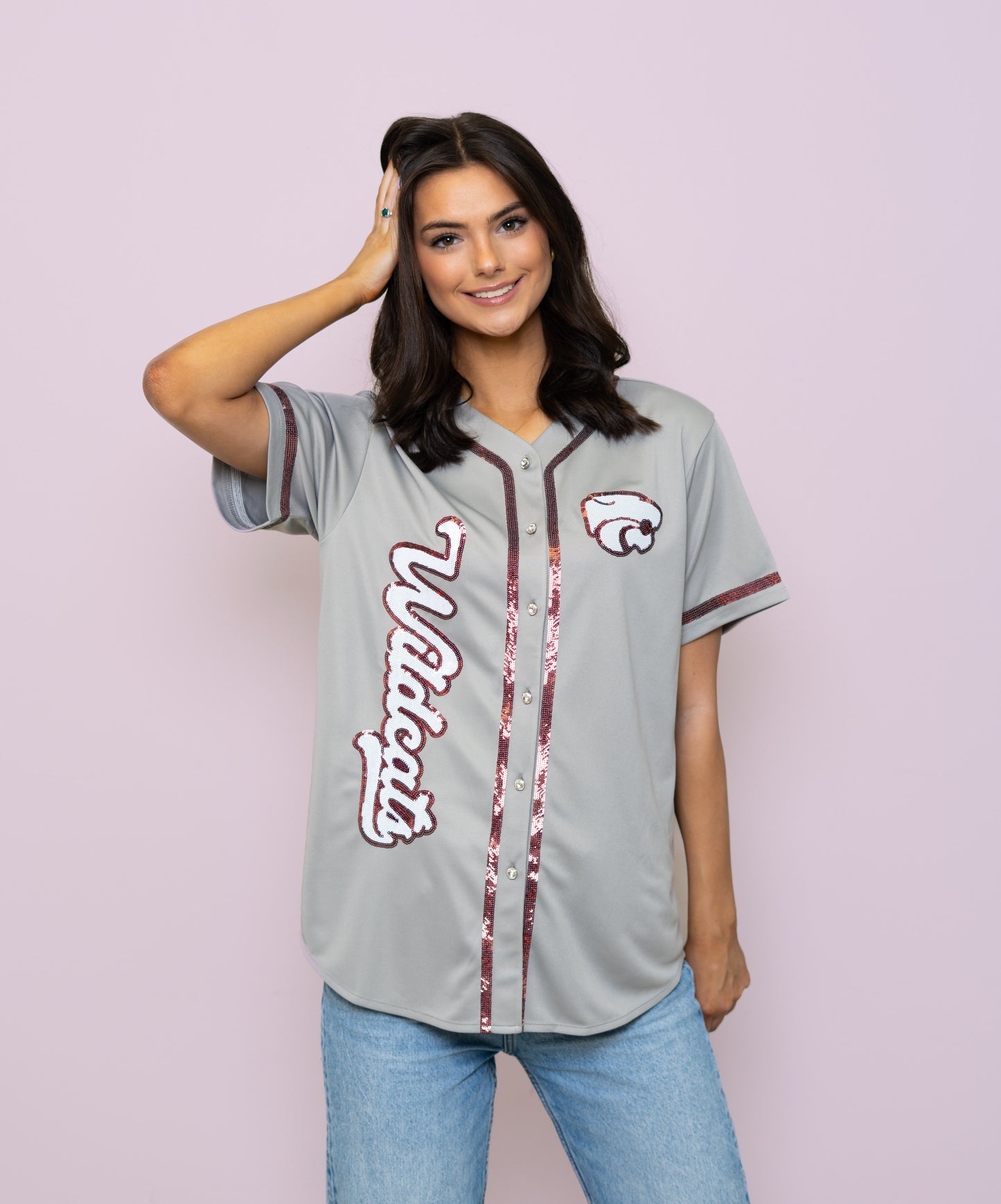 **PRE-ORDER ONLY** Central Wildcats | Women's Sequin Embroidery Baseball Jersey (Grey)