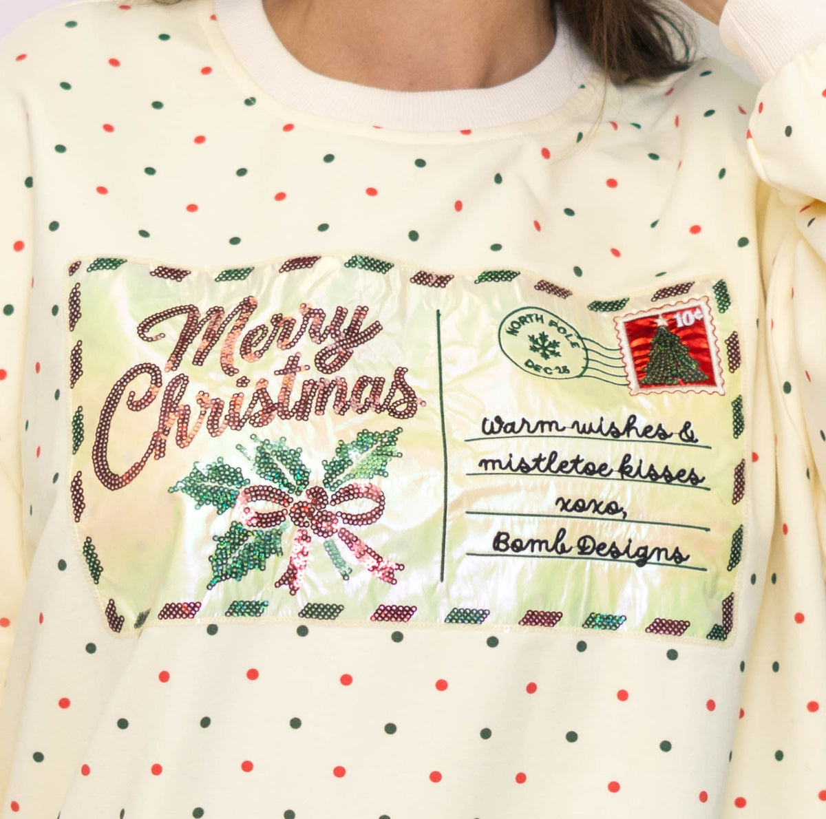 **PRE-ORDER ONLY** Wholesale | Merry Christmas Post Card | Women's Sequin + Metallic Embroidery Bishop Sleeve Pullover (Cream)