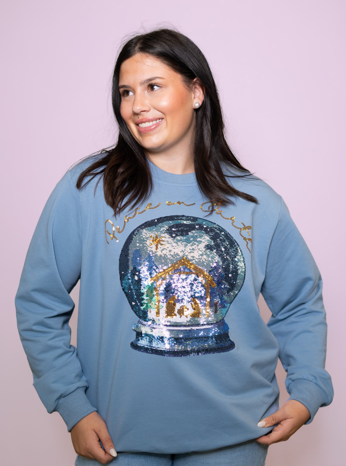 Peace on Earth Snowglobe | Women's Sequin Design Sweatshirt (Blue)