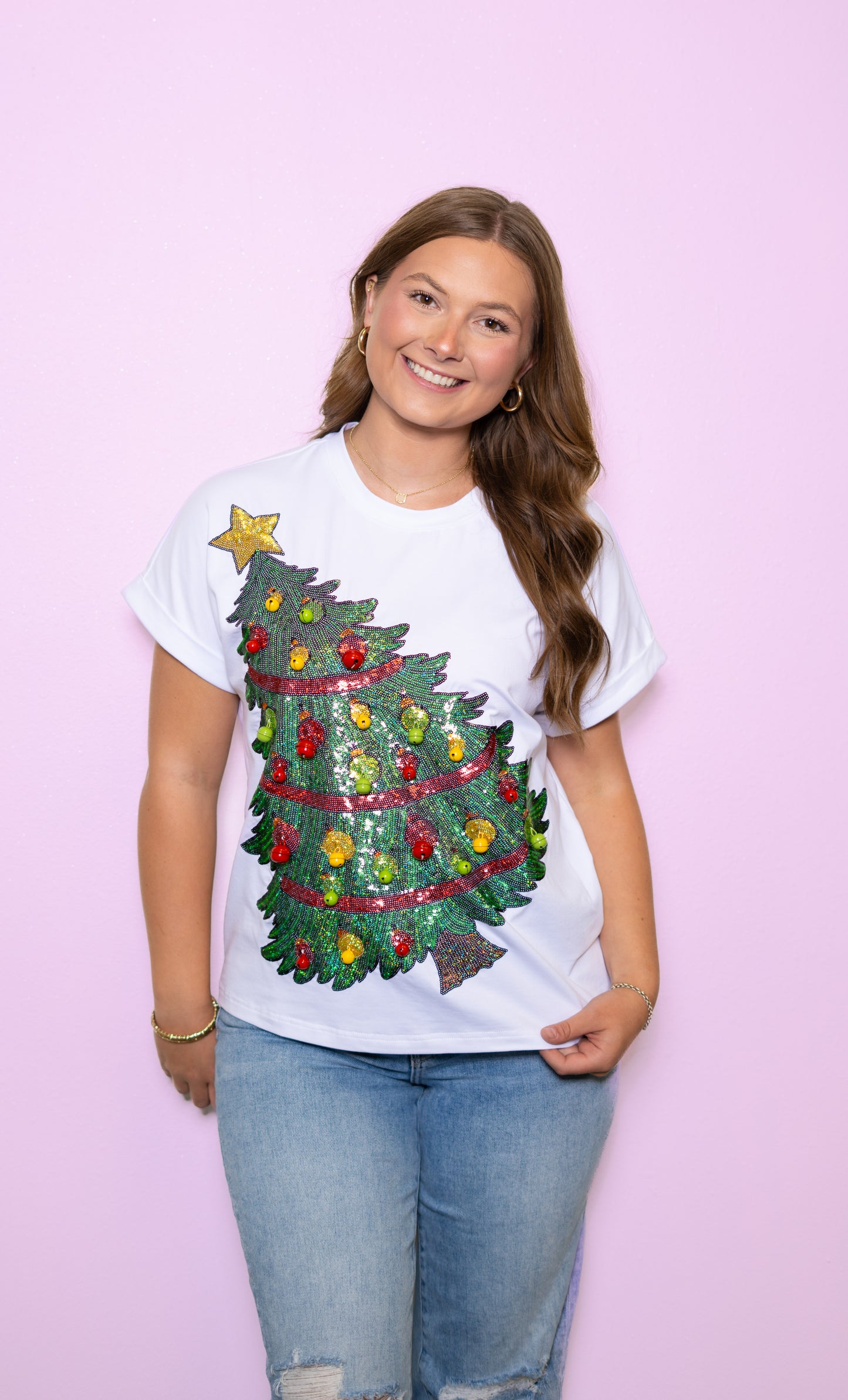 Jingle Bells Christmas Tree | Women's Sequin Design Cuff Sleeve Tee (White)