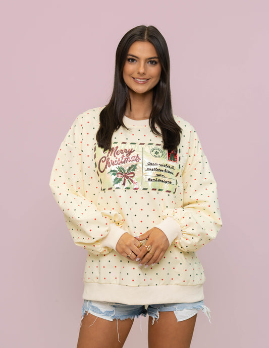 **PRE-ORDER ONLY** Wholesale | Merry Christmas Post Card | Women's Sequin + Metallic Embroidery Bishop Sleeve Pullover (Cream)