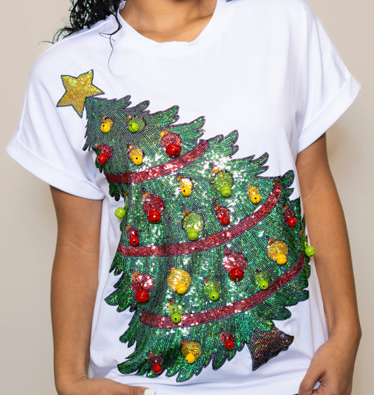 Jingle Bells Christmas Tree | Women's Sequin Design Cuff Sleeve Tee (White)