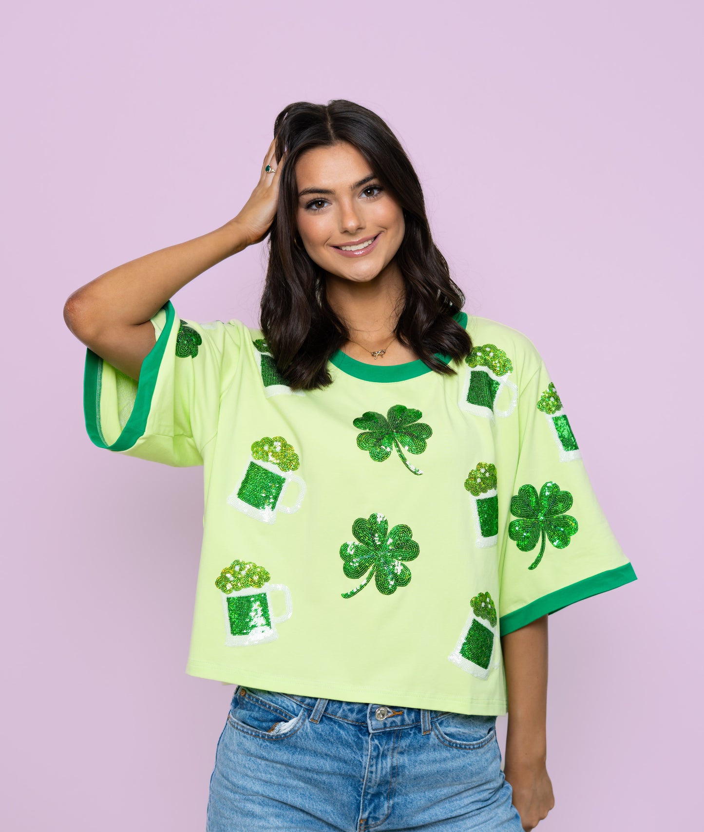 **PRE-ORDER ONLY** Scattered St. Patty Shamrock Brew | Women's Sequin Design Oversized Tee (Green)