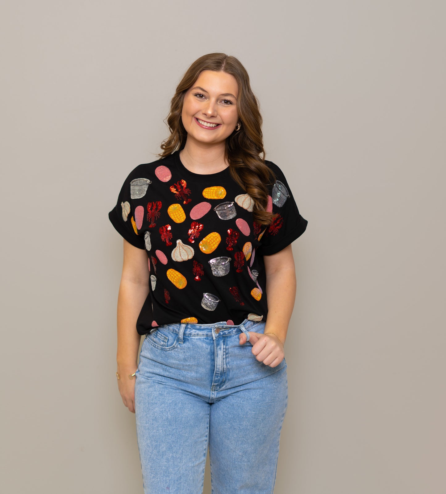 Crawfish Boil | Women's Sequin Cuff Sleeve Tee (Black)