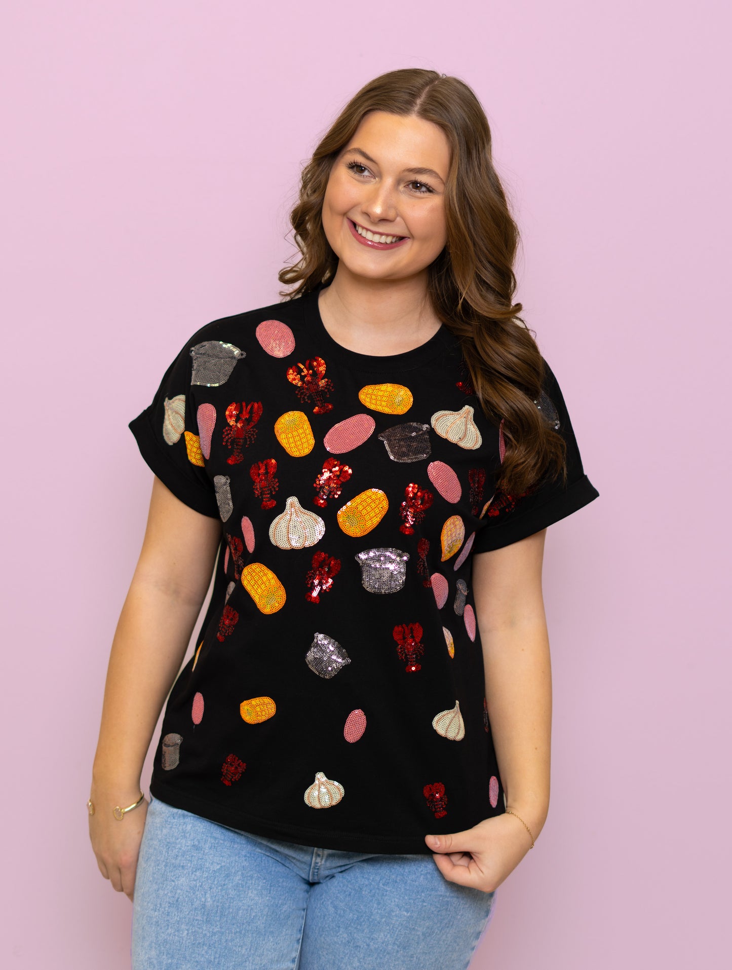 Crawfish Boil | Women's Sequin Cuff Sleeve Tee (Black)
