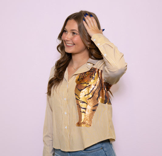 **PRE-ORDER ONLY** Wholesale | Women's Gold Striped Button Down Sequin Tiger Shirt