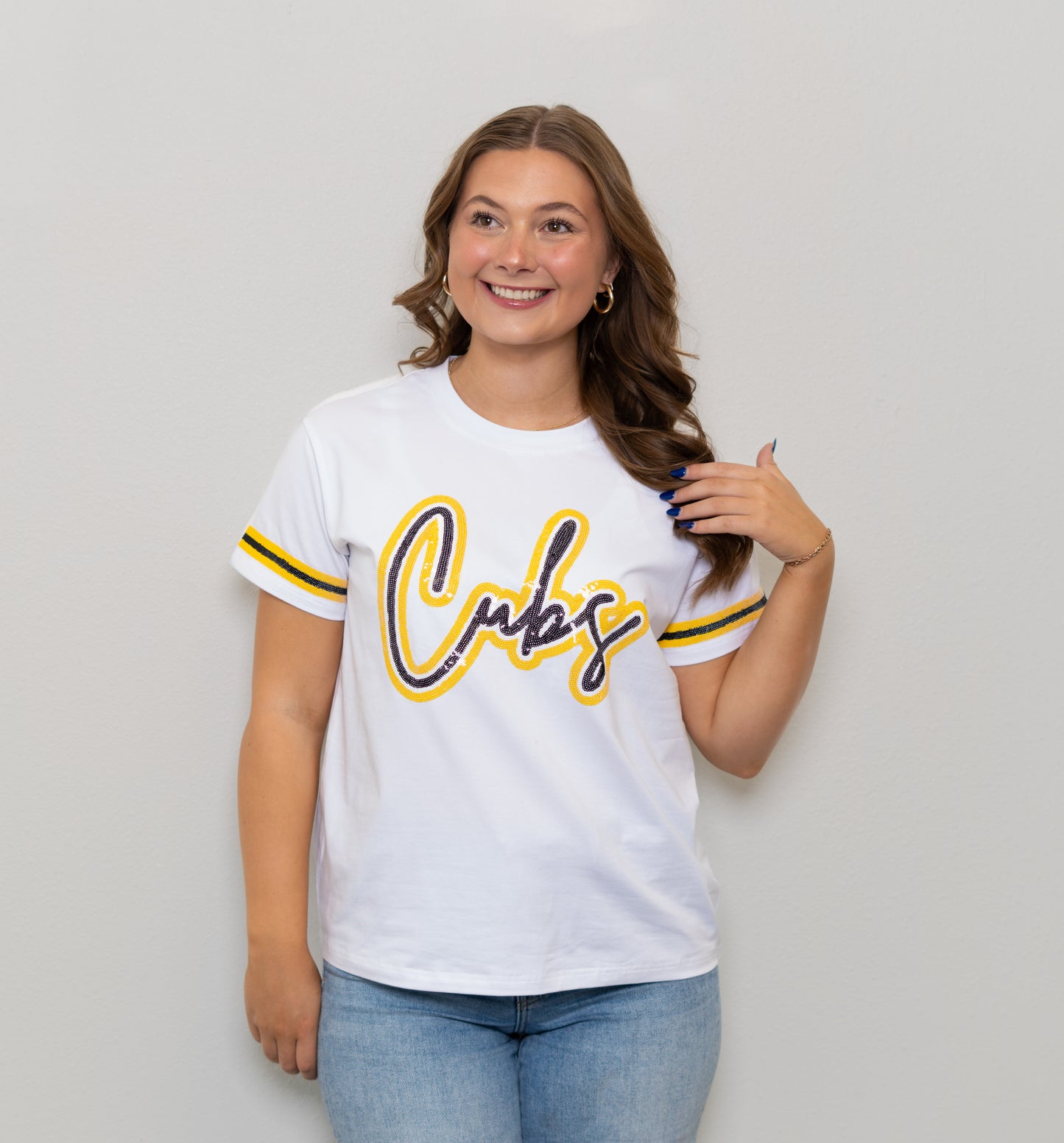 **PRE-ORDER ONLY** University Lab School | Cubs Script | Women's Sequin Design Jersey Tee (White)